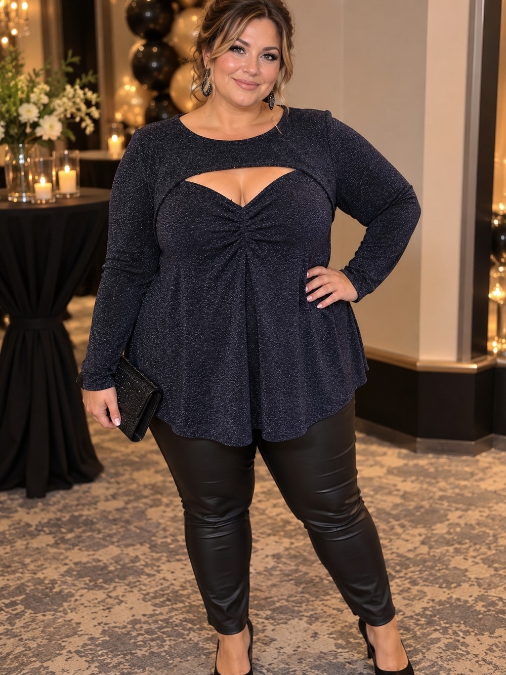Addition Elle Navy Sparkle Cutout Peplum Blouse